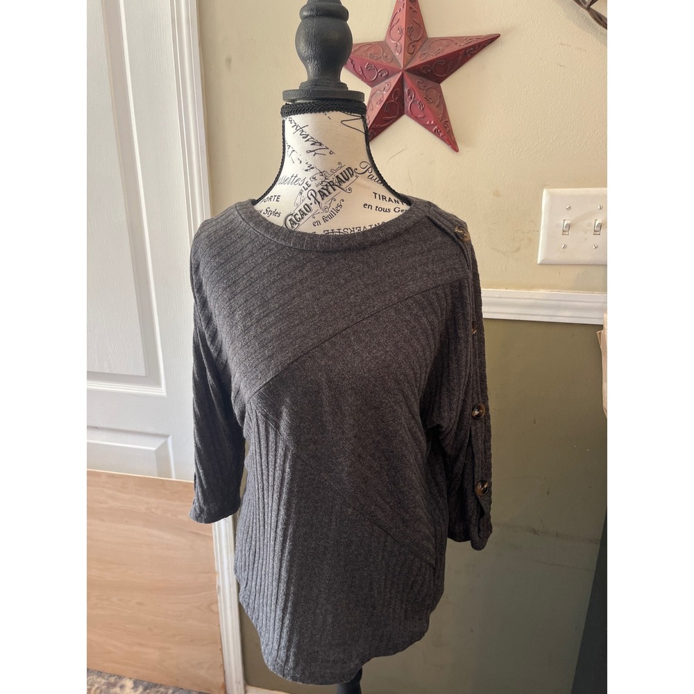 Parallel Skies Charcoal Gray Ribbed Knit Button Shoulder Top Small